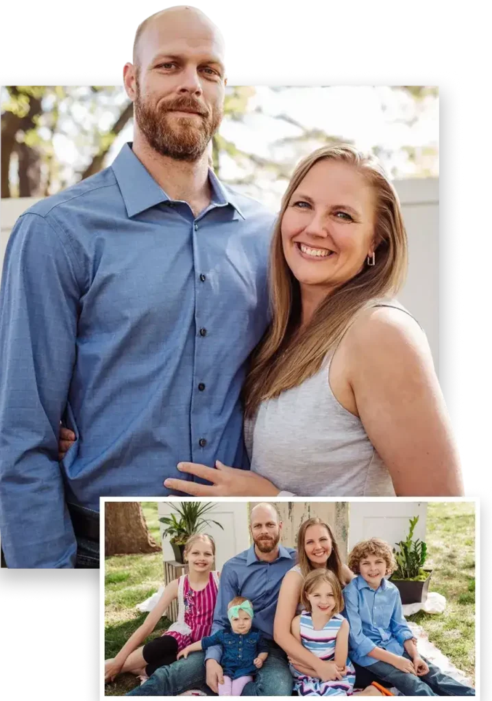 A smiling couple poses together outdoors. In the smaller inset photo, the same couple sits on the grass with their three smiling children, two girls and a boy, enjoying a sunny day.