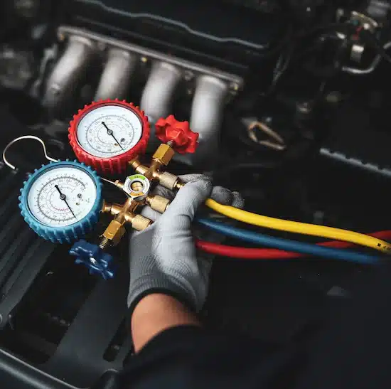 A gloved hand holds HVAC manifold gauges with blue, red, and yellow hoses near a car engine, indicating air conditioning system maintenance or diagnostics.