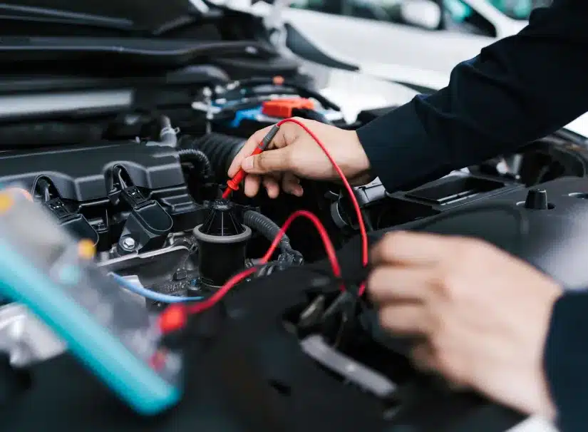 Electrical repair at SPES Automotive and Diagnostics. A person uses a multimeter to test electrical components under the hood of a car, with one hand holding red and black probes and the engine exposed.